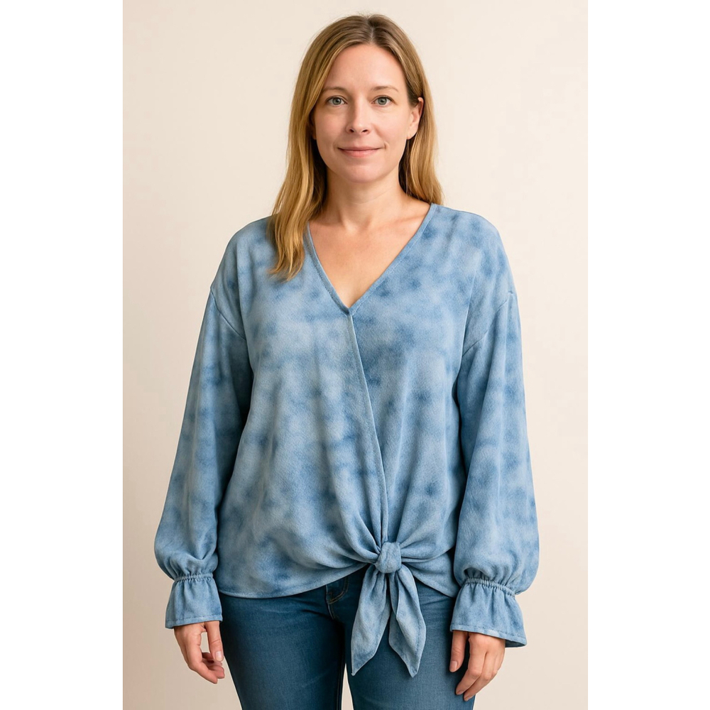 Juicy Couture Woman's Tie-Front Long Sleeve Blouse Blue/White Tie‎ Dye Size XXL